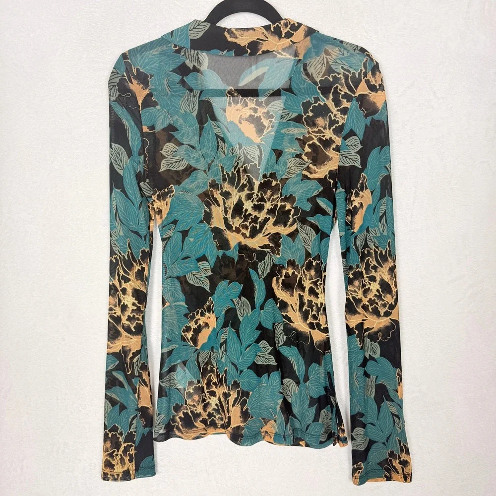 Free People Lucky Shirtee Teal Floral Mesh Ruched Button Down Long Sleeve Top SM